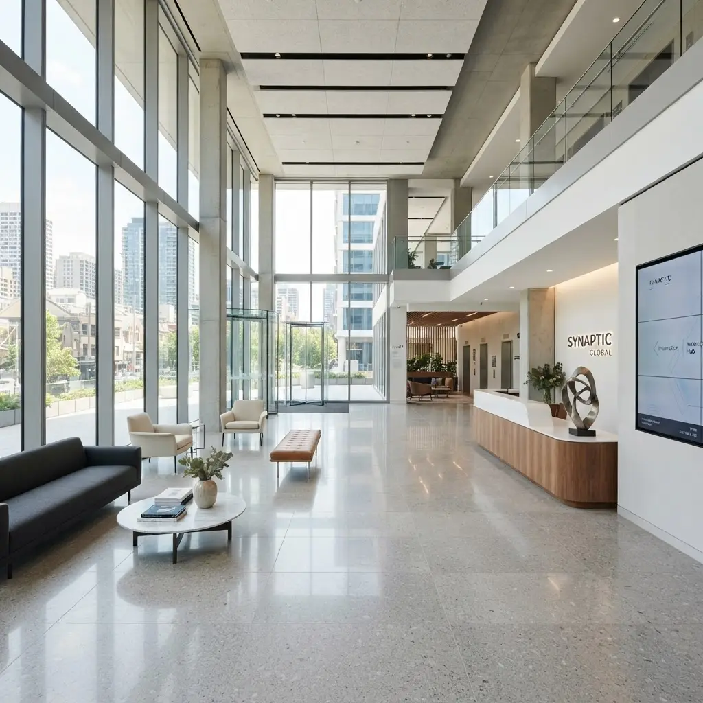 Bright, freshly cleaned modern commercial office lobby with floor-to-ceiling windows